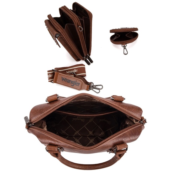 Wrangler 3Pcs Set Buckle Classic Barrel Satchel W/ Phone Wallet Crossbody -Brown - Picture 4 of 4